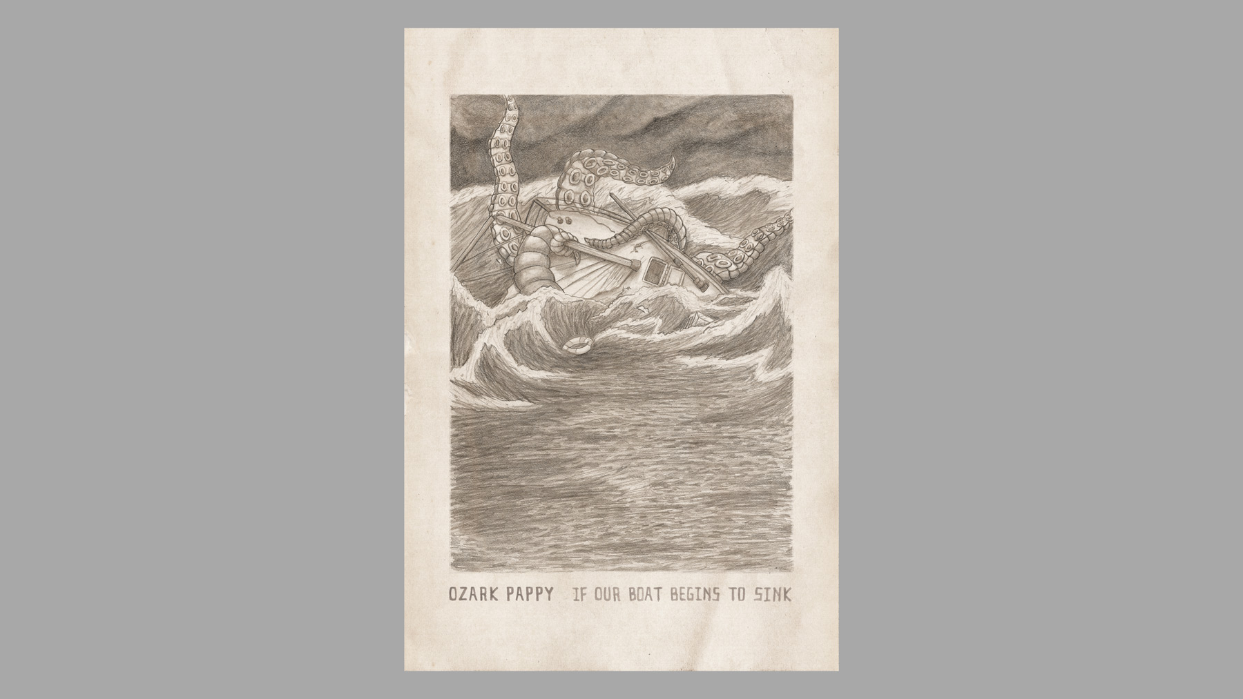 Poster illustration of album cover - ship being capsized by giant squid