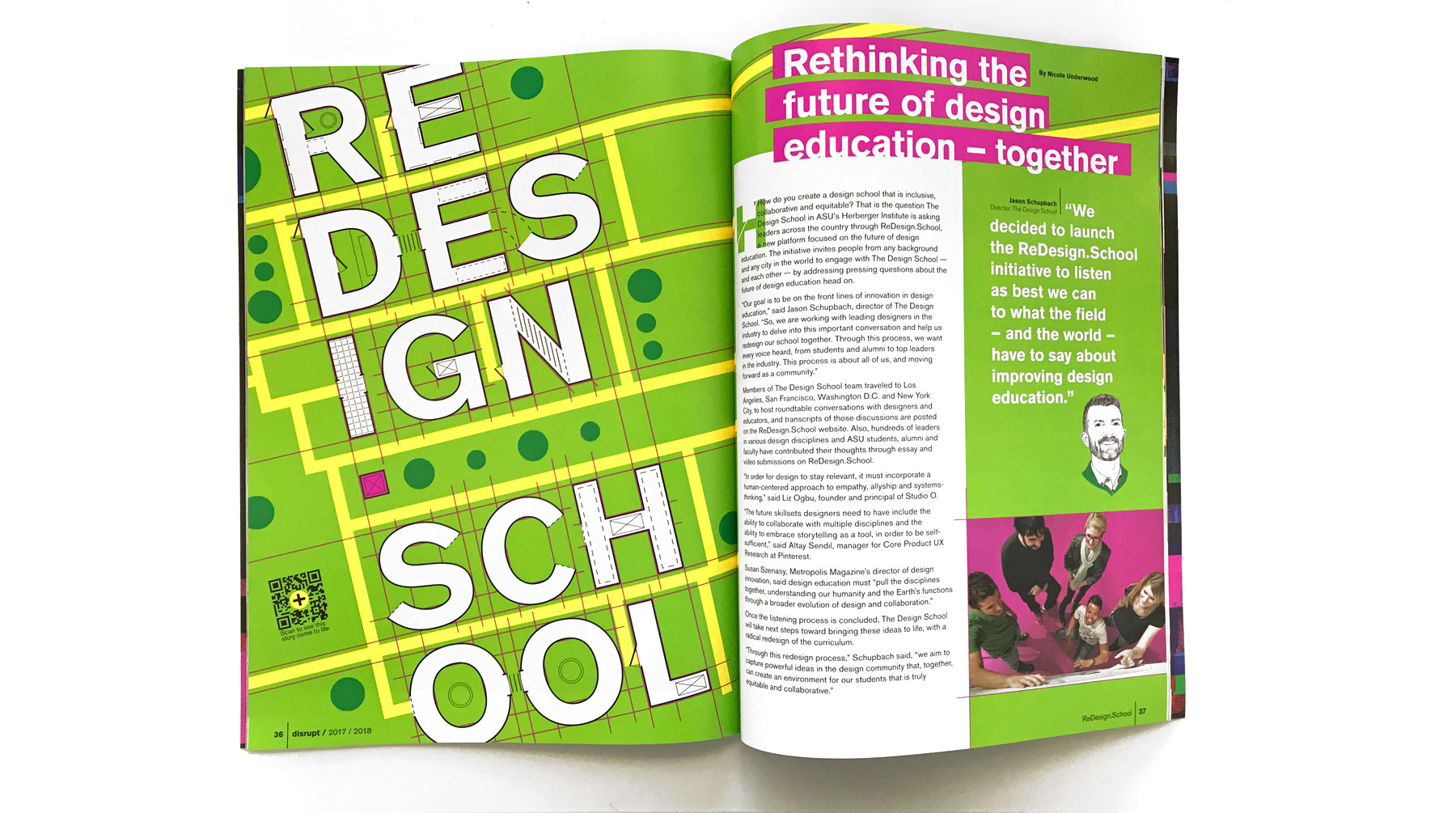 Magazine spread with custom type treatment in the style of architecture plans, with article text