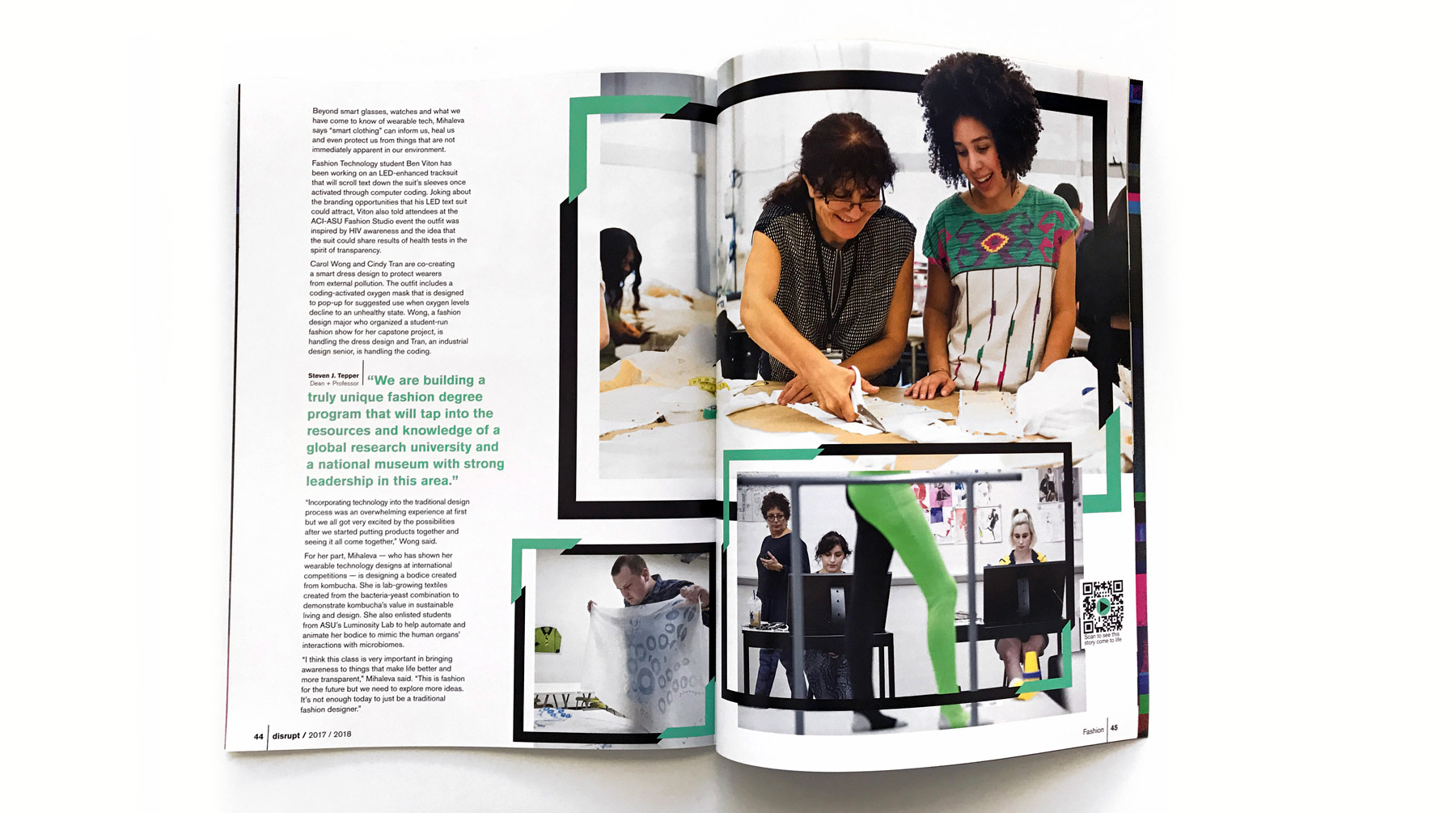 Magazine spread with article text, pull quote, and 3 photos of fashion students in classrooms