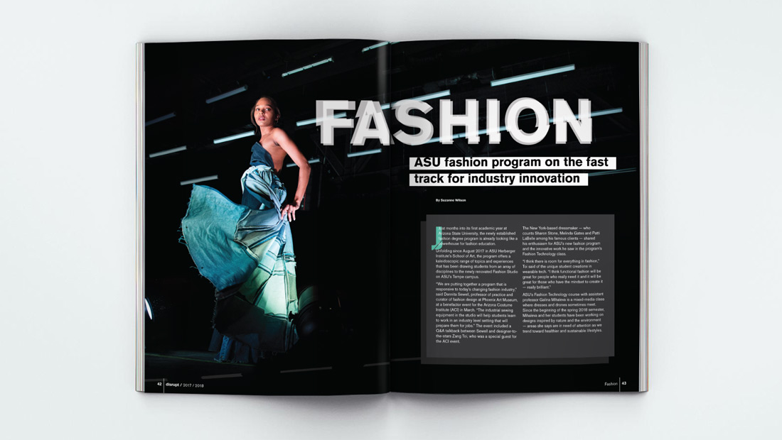 Fashion magazine spread with young woman on runway