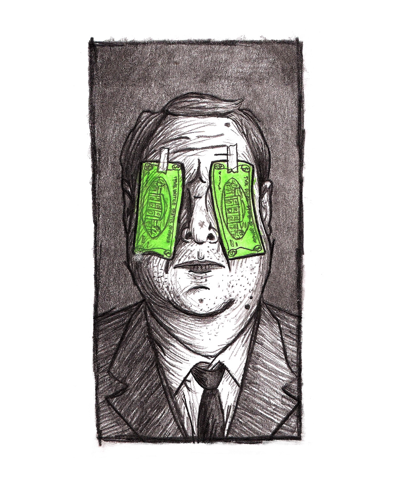 Illustration of man with money covering his eyes - Greed is Blinding