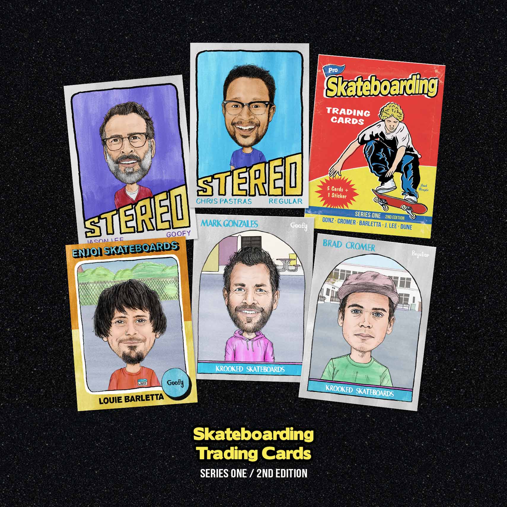 Series 1: Set of 5 Illustrated Trading Cards of Pro Skaters