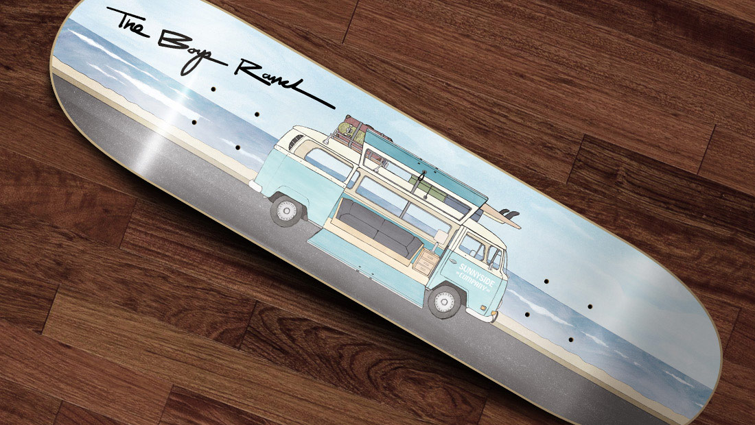 Skateboard graphic of VW Bus parked by the beach - Boys Ranch collab