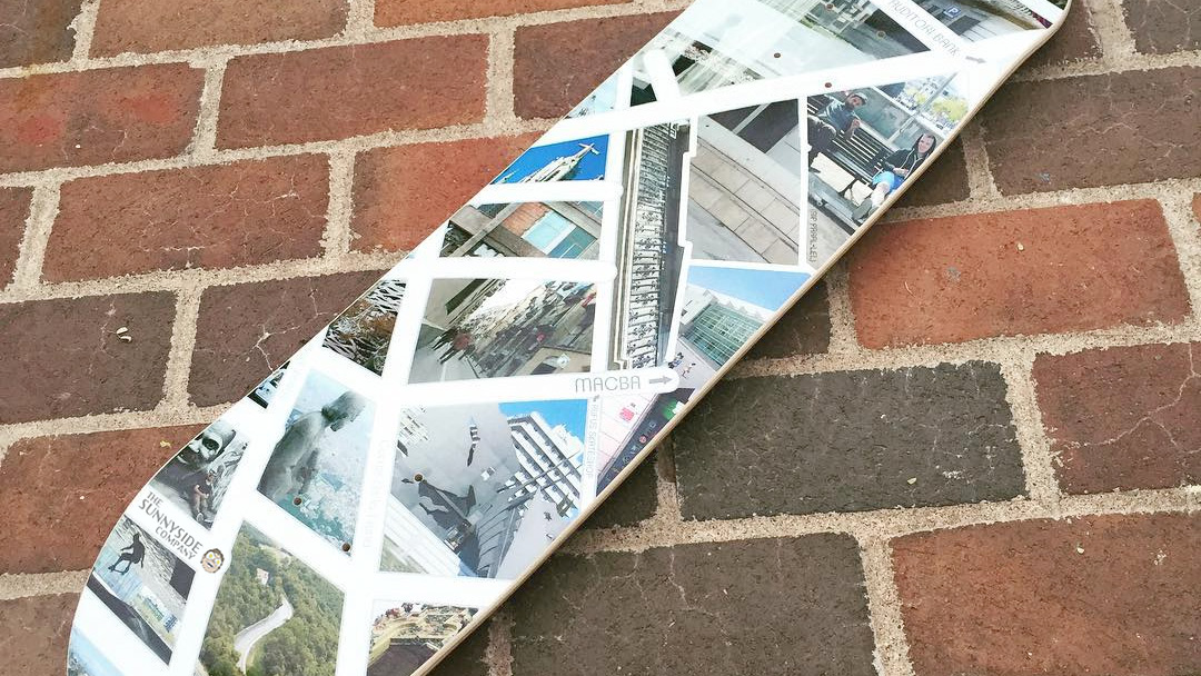 Skateboard deck design featuring a map of barcelona, with directions to skate spots