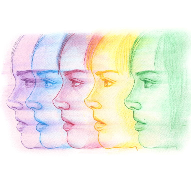 Illustration of woman's face repeated in rainbow colors