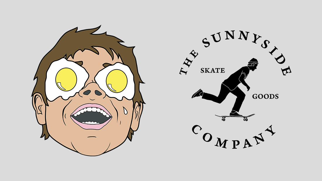 Two logos: one of boy with eggs over his eyes, and one of skateboarder