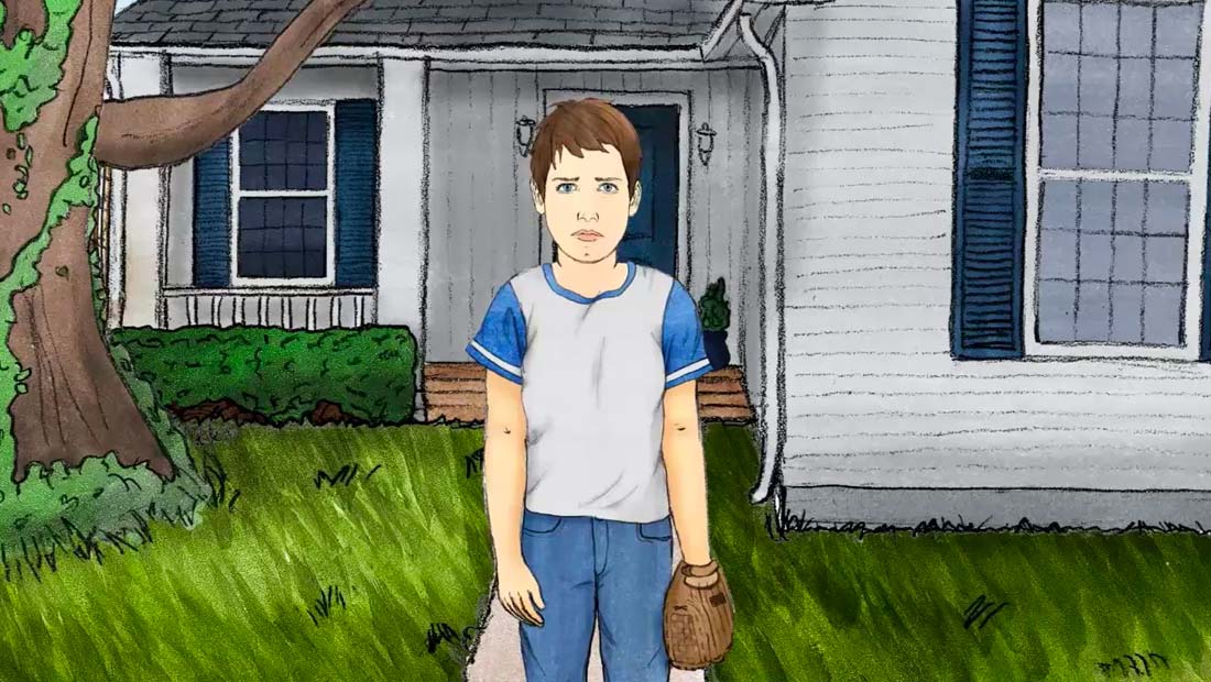 Illustration of young boy standing in front yard